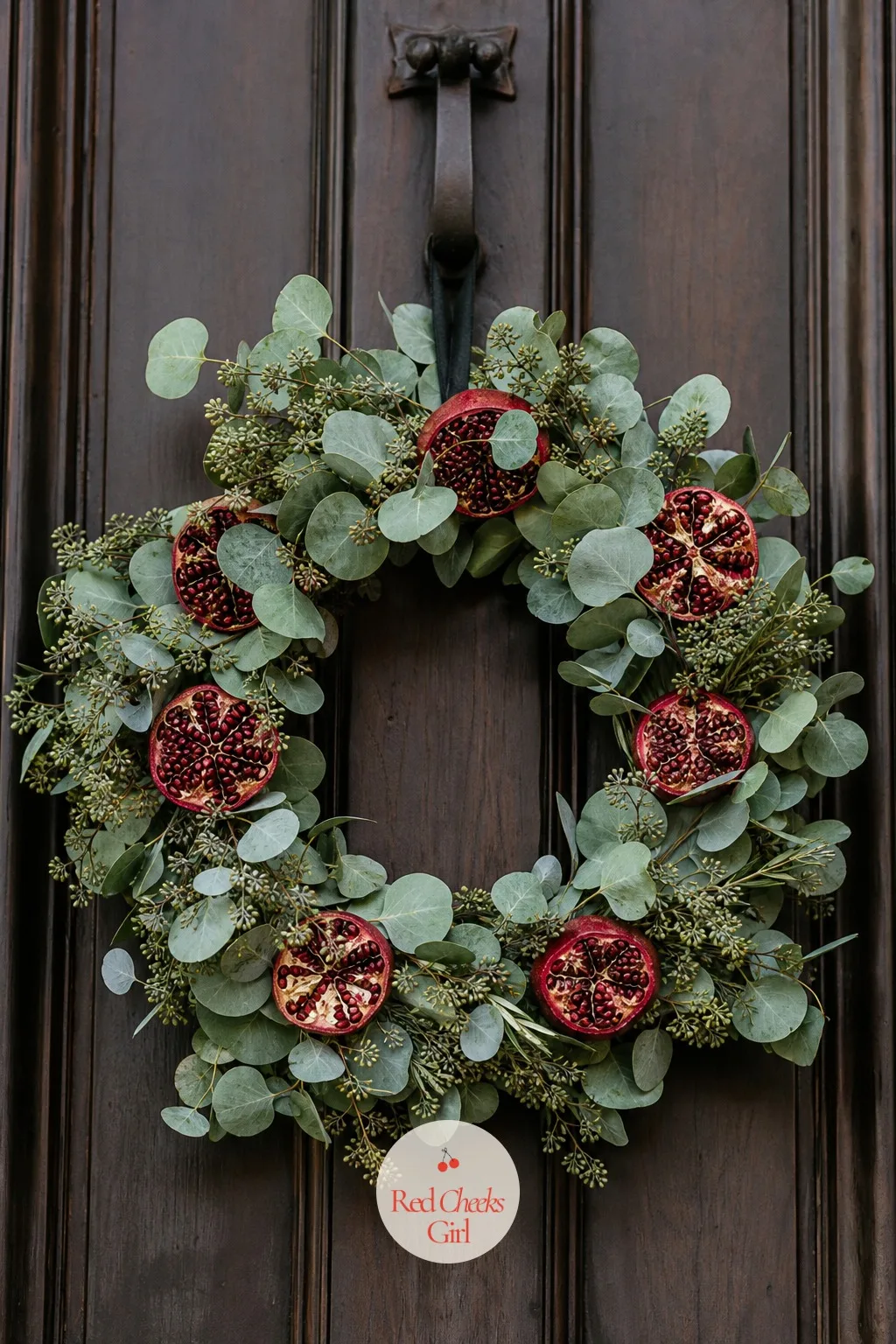 Preserved Eucalyptus and Pomegranate Wreath — A plastic pine wreath from a box looks exactly like what it is the second anyone stands close to the door.