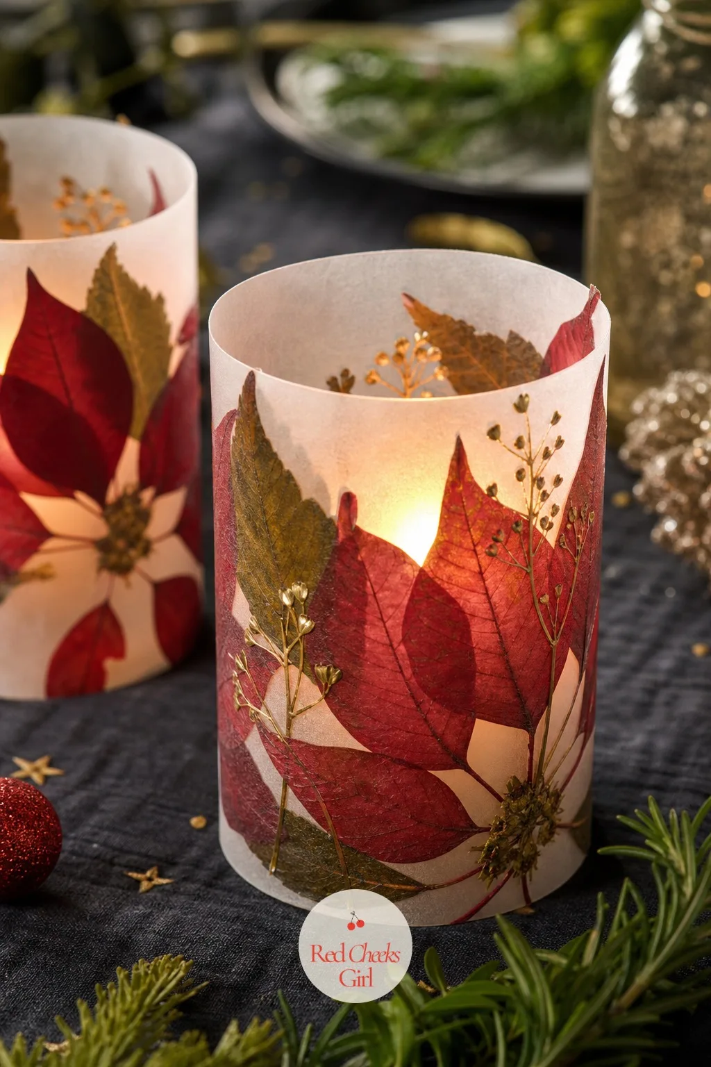 Pressed Poinsettia Votive Holders — A plain glass votive glows fine on its own, but it does nothing for the table once the candle is out. Christmas crafts for