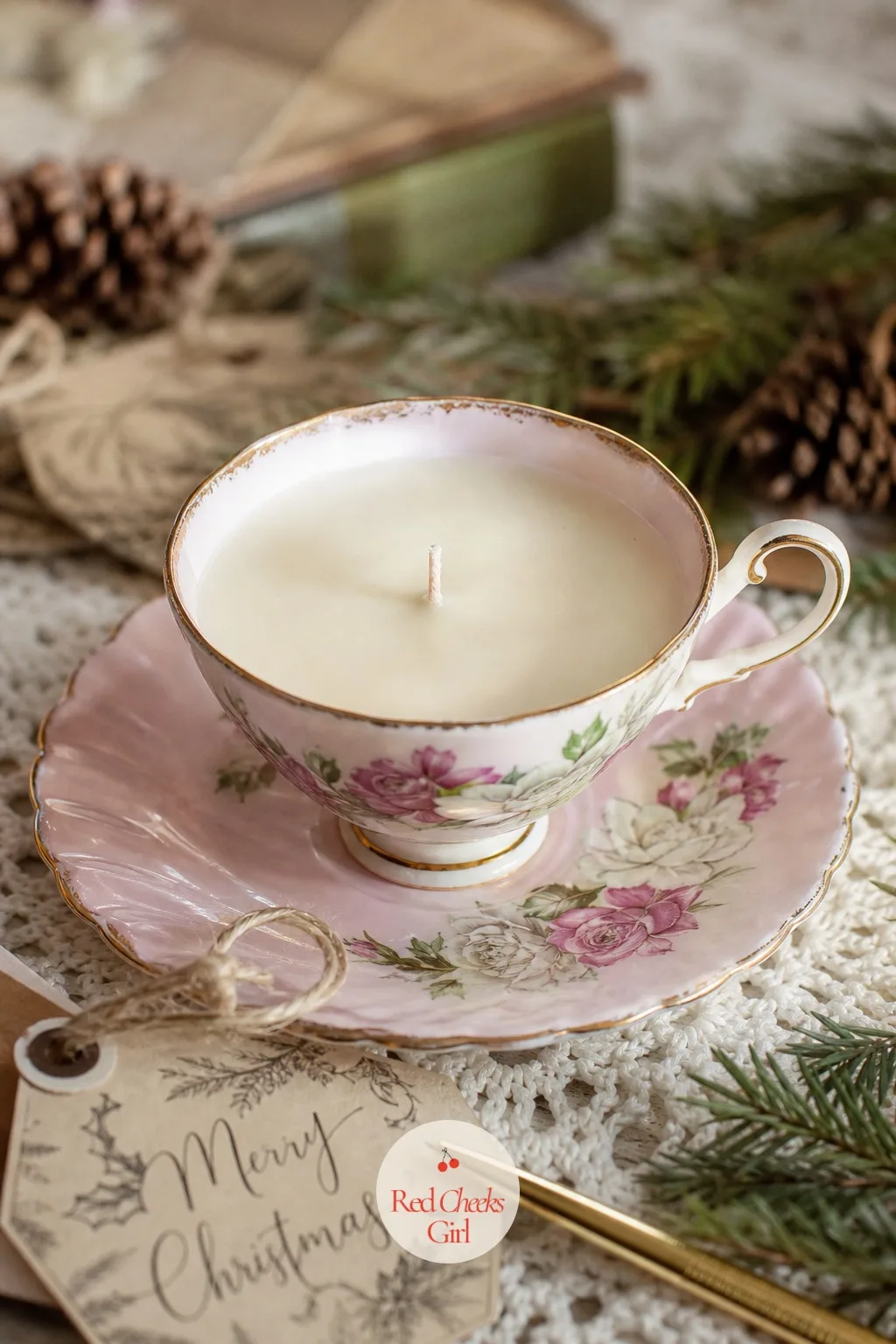 Vintage Teacup Candle — A candle in a jar is kind enough, but a candle poured into a floral teacup from a charity shop reads like you actually thought about
