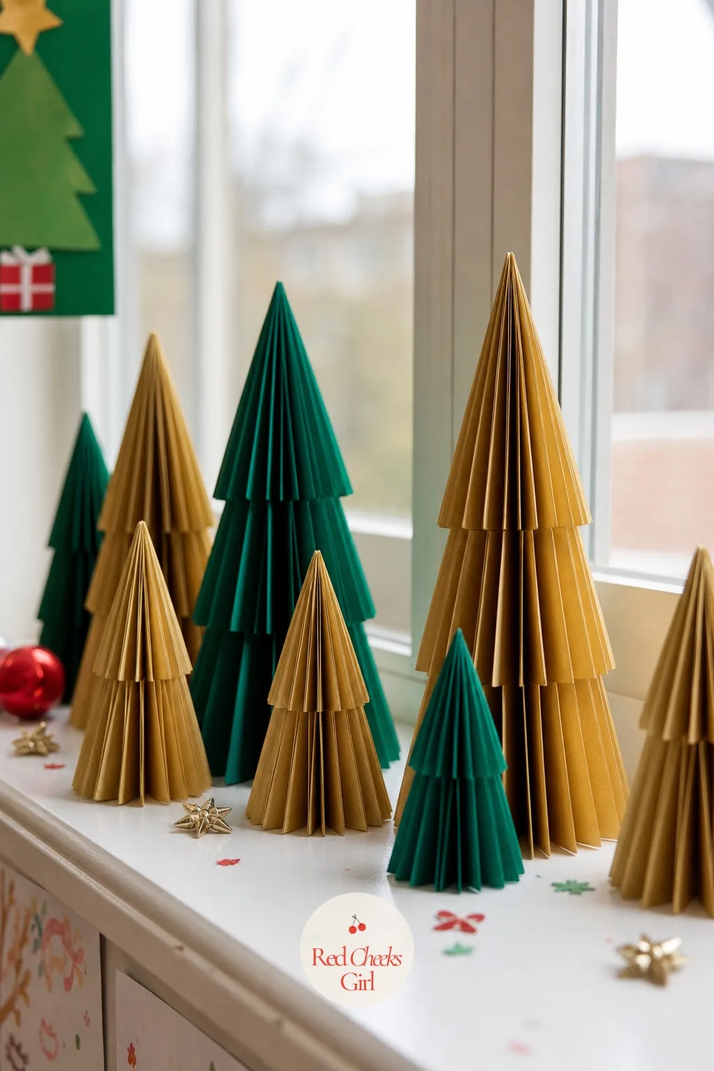 Accordion-Fold Paper Trees — A row of flat paper trees looks like an afterthought. Christmas crafts for kids at school