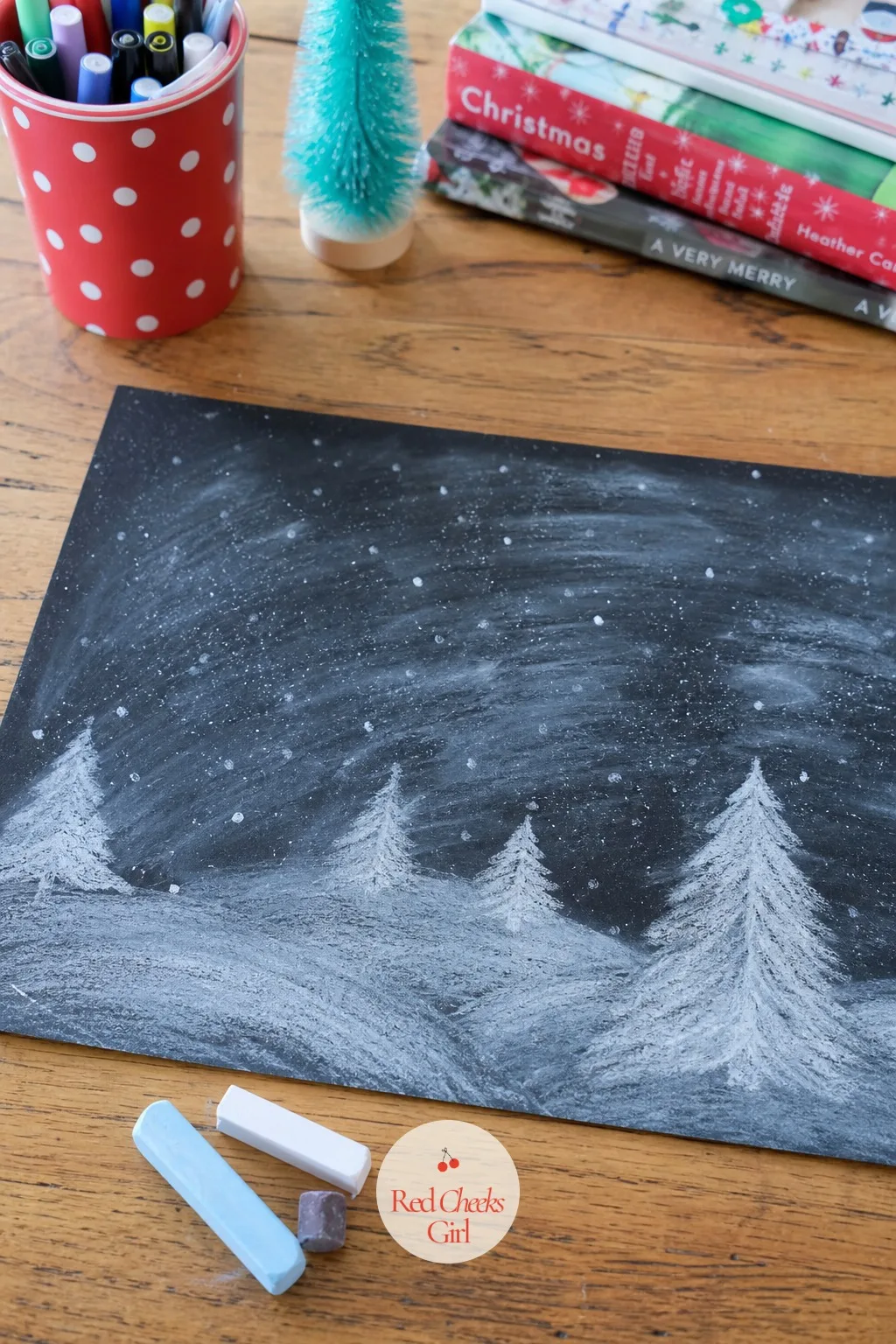 Chalk Pastel Snow Scenes — Paint needs water pots, brushes and a drying rack nobody has room for. Christmas crafts for kids at school