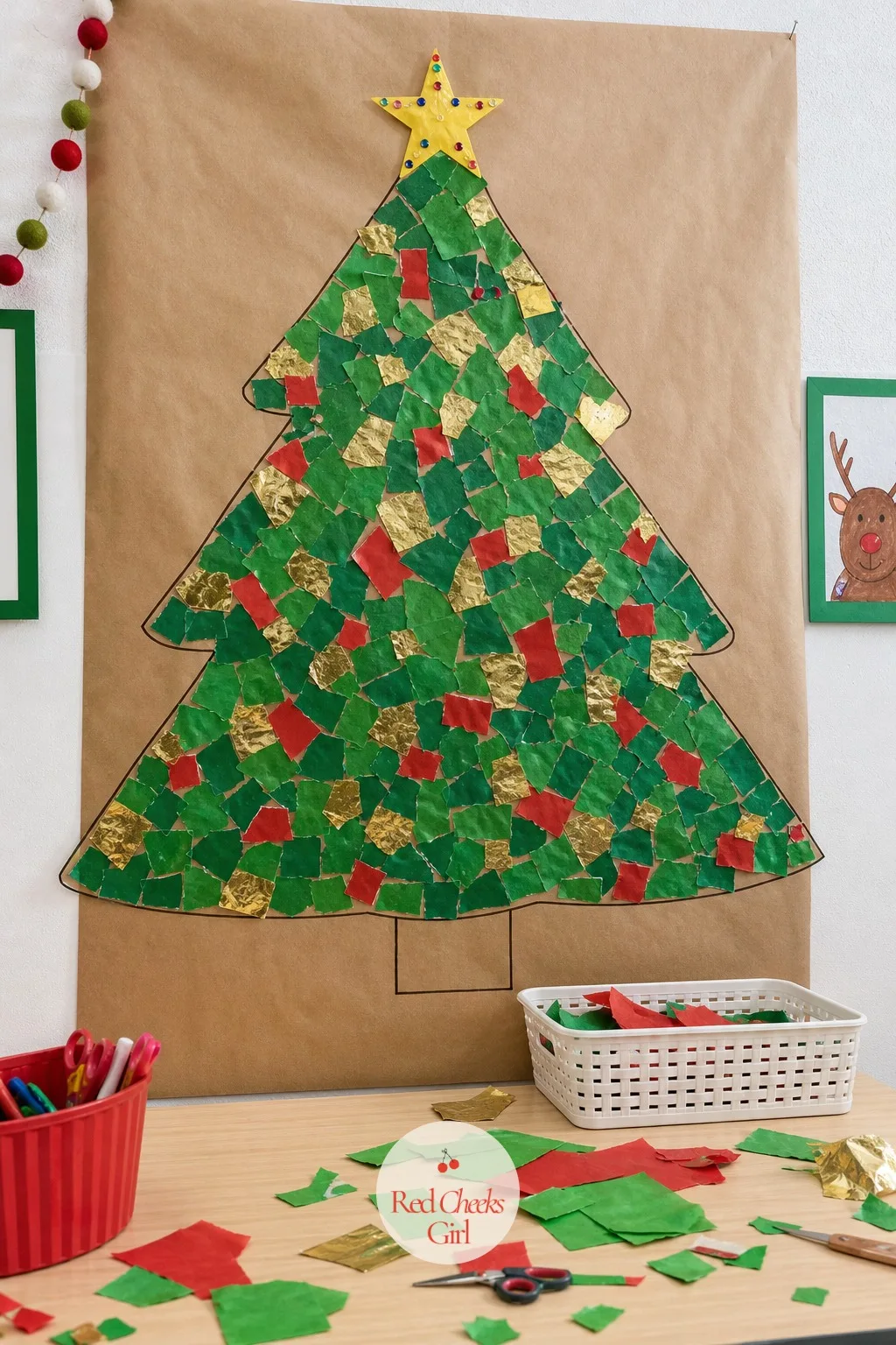 Collaborative Tissue Paper Mosaic Tree — One child's drawing of a tree disappears into a folder by January. Christmas crafts for kids at school