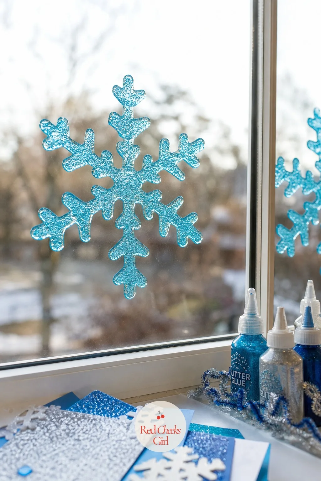 Glitter Glue Window Snowflakes — A window left bare through December wastes the best light in the room. Christmas crafts for kids at school