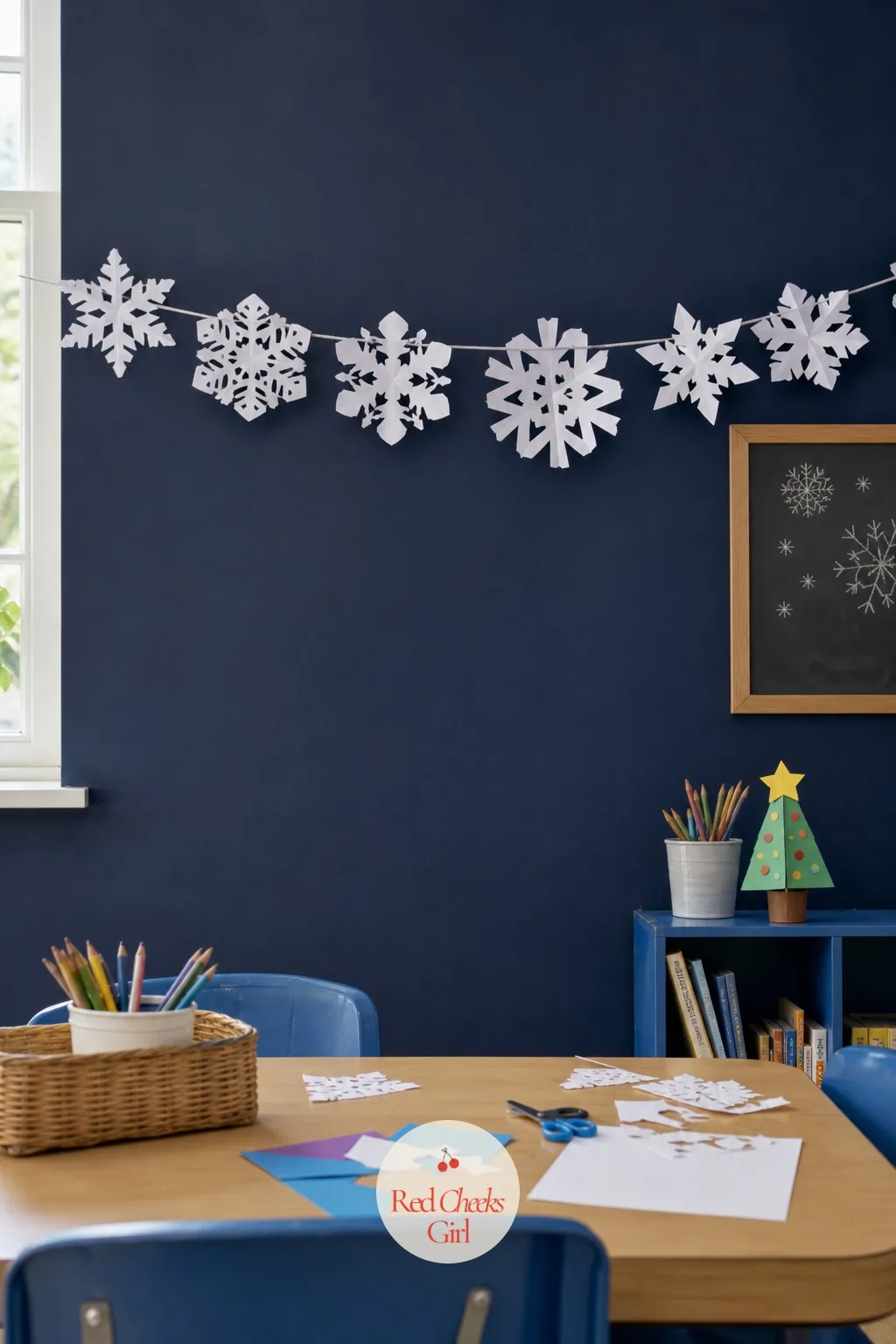 Kirigami Snowflake Garland — Everyone knows the fold-and-snip paper snowflake. Christmas crafts for kids at school