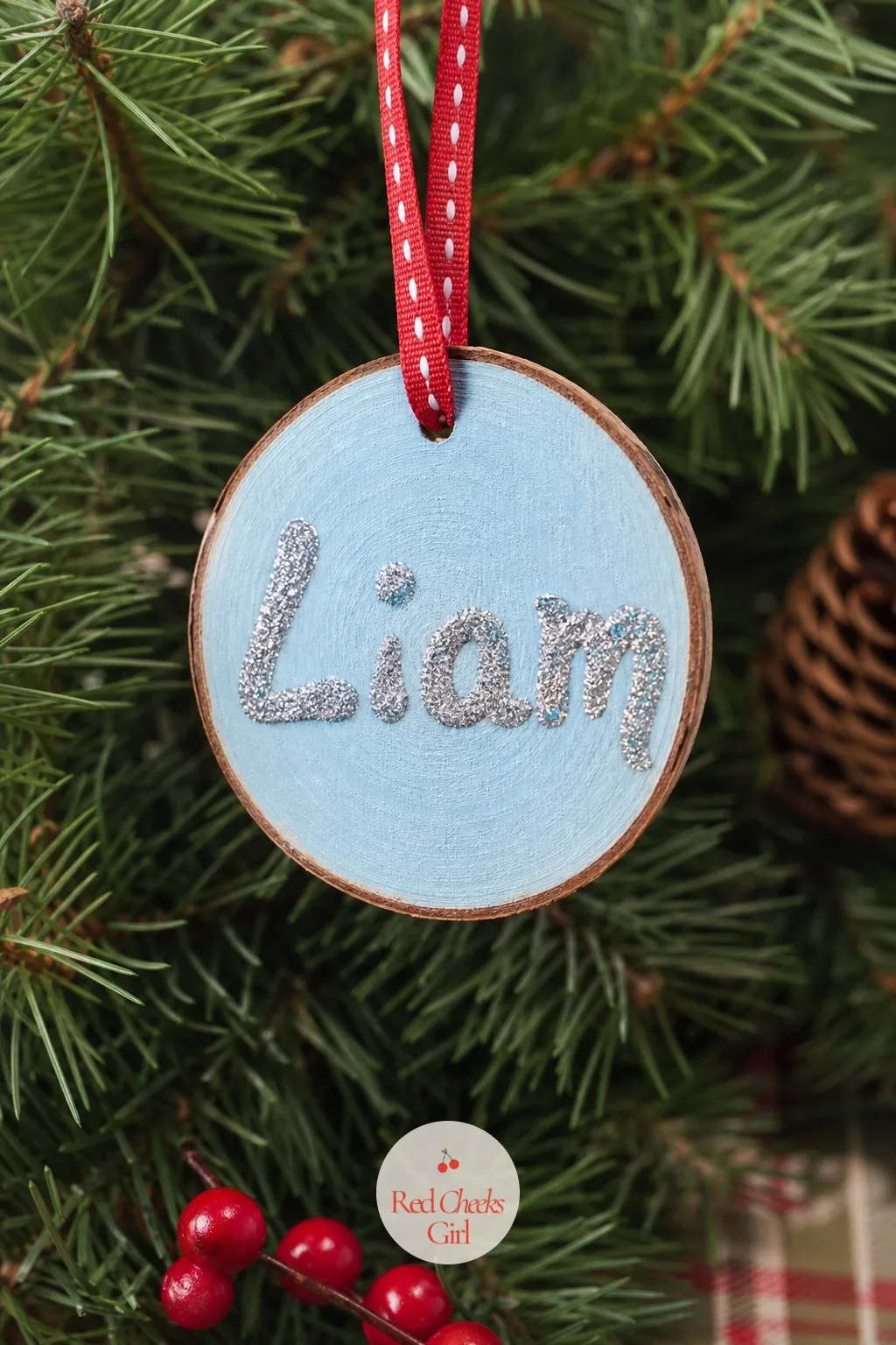 Painted Wood Slice Name Ornaments — A paper ornament tears in a backpack by the second day of the holidays. Christmas crafts for kids at school
