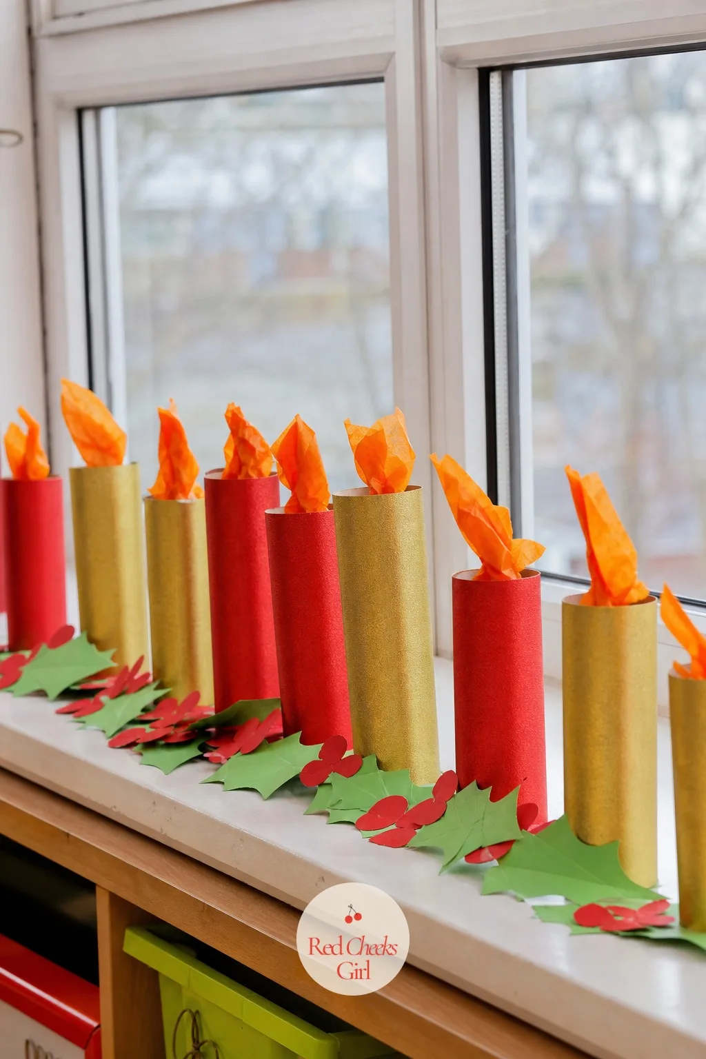 Paper-Roll Candle Window Row — A single paper candle looks thin. Christmas crafts for kids at school