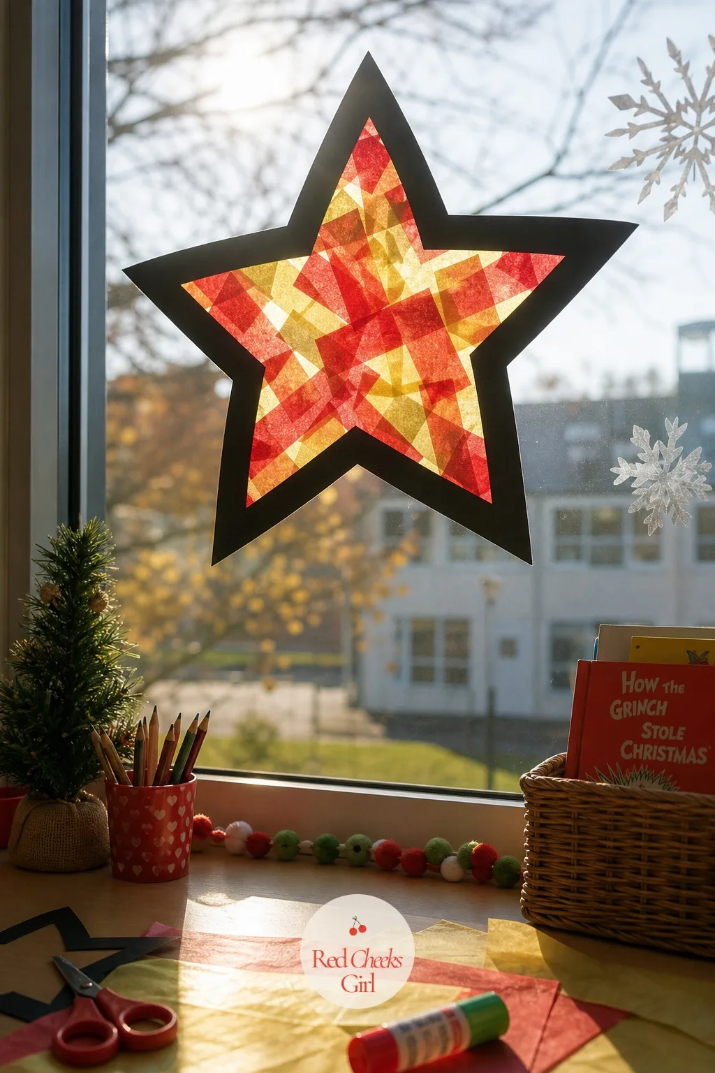 Tissue Paper Suncatcher Stars — A window with nothing in it looks like a window still waiting for December to start. Christmas crafts for kids at school