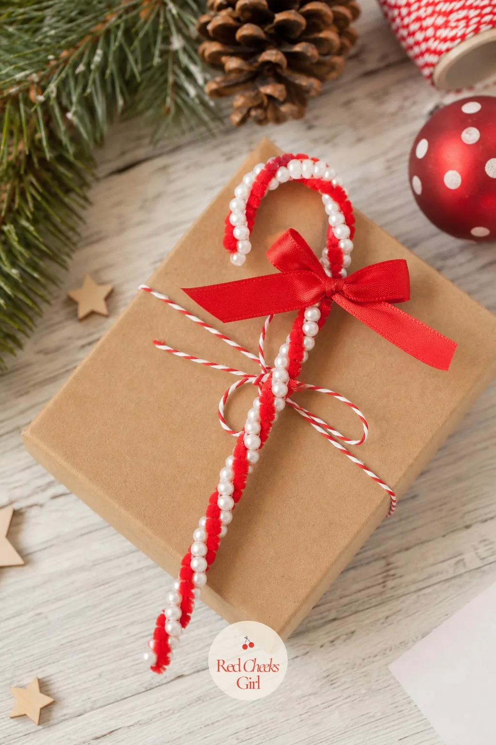 Beaded Candy Cane Wand — Two red and white striped pipe cleaners twisted together into a candy cane shape, threaded with a few pearl beads along the way, make