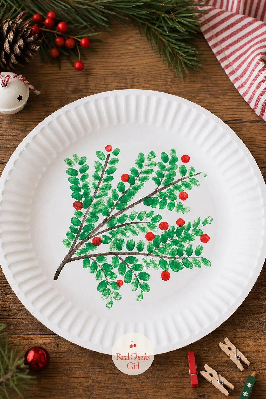 Finger-Painted Pine Branch Paper Plate — A plain paper plate with its rim left white becomes a simple frame once a toddler presses green fingerprints into a