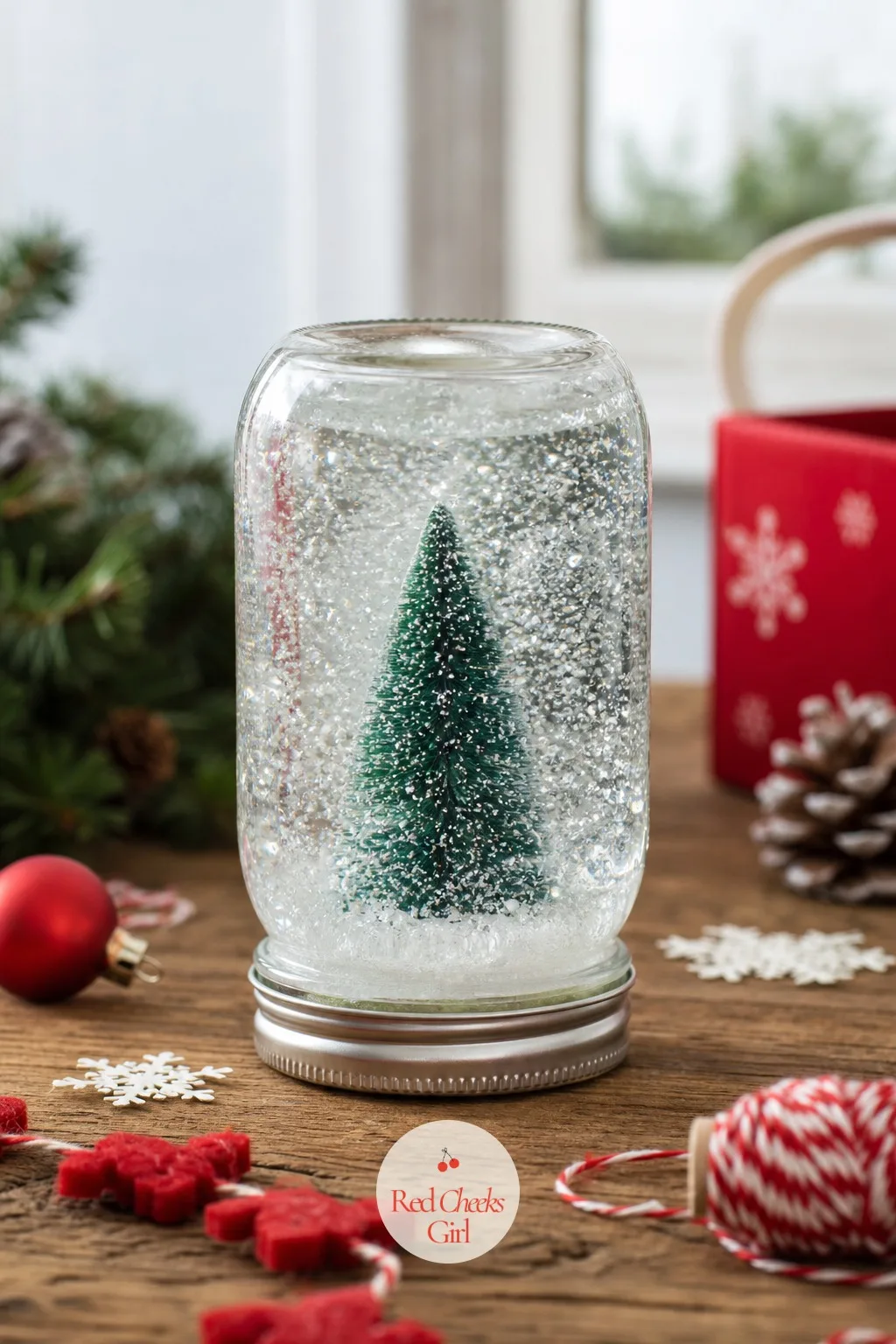 Mason Jar Snow Globe Centerpiece — A small glass jar, a pinch of fine glitter, and a tiny tree figurine glued to the inside of the lid make a waterless snow