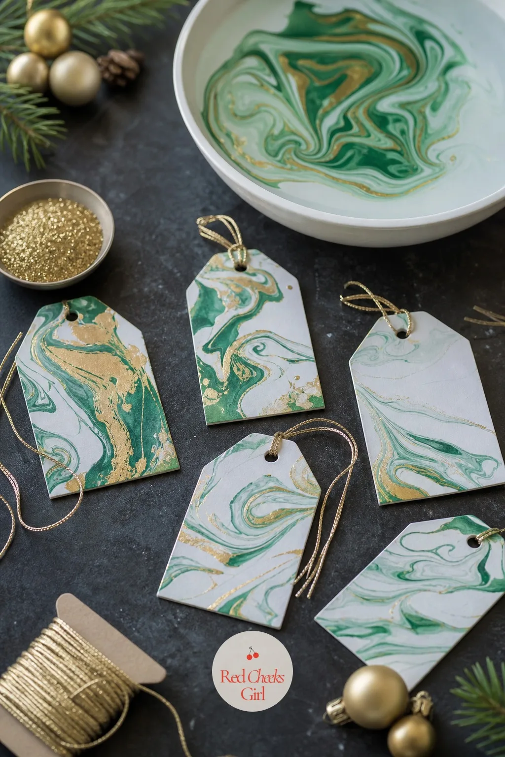 Nail-Polish Marbled Gift Tags — A few drops of nail polish dropped onto a shallow dish of water, swirled with a cocktail stick, and a blank tag dipped through