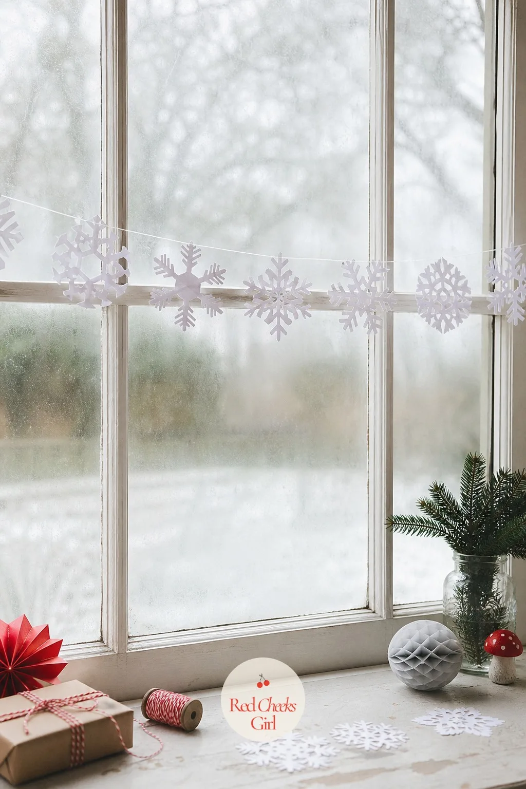 Paper Snowflake Window Garland — Folded paper, a few cuts, and a snowflake unfolds that no two children ever make quite the same shape. Christmas crafts for