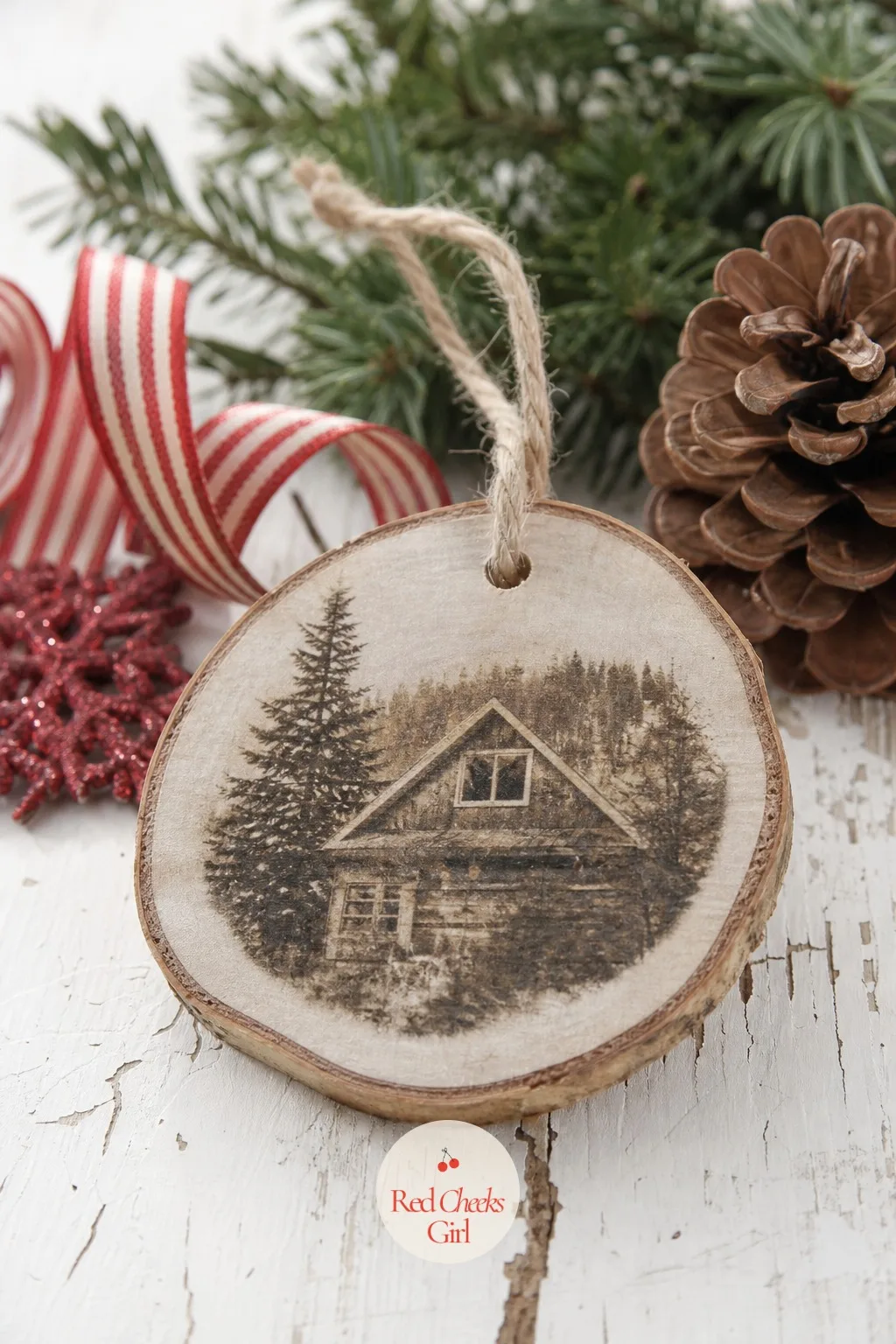 Photo Transfer Wood Slice Ornament — A child's photo transferred onto a wood slice and hung with a short loop of string lands harder than anything bought