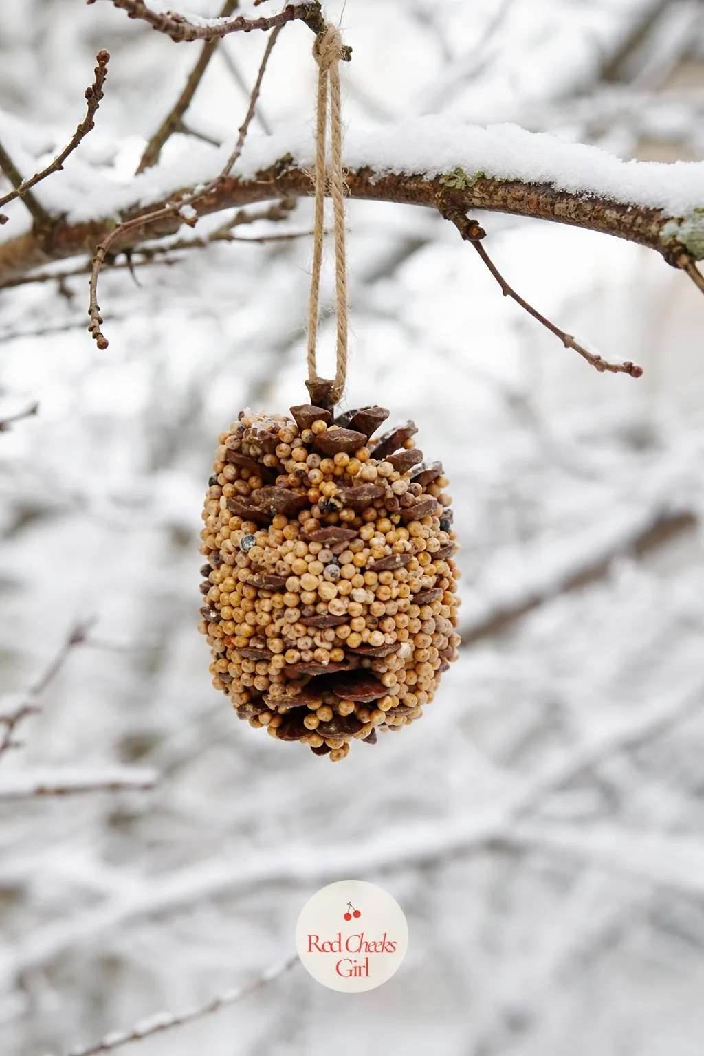 Pinecone Peanut Butter Bird Feeders — A pinecone rolled in peanut butter and then in birdseed and hung from a branch outside turns a woodland walk's leftover