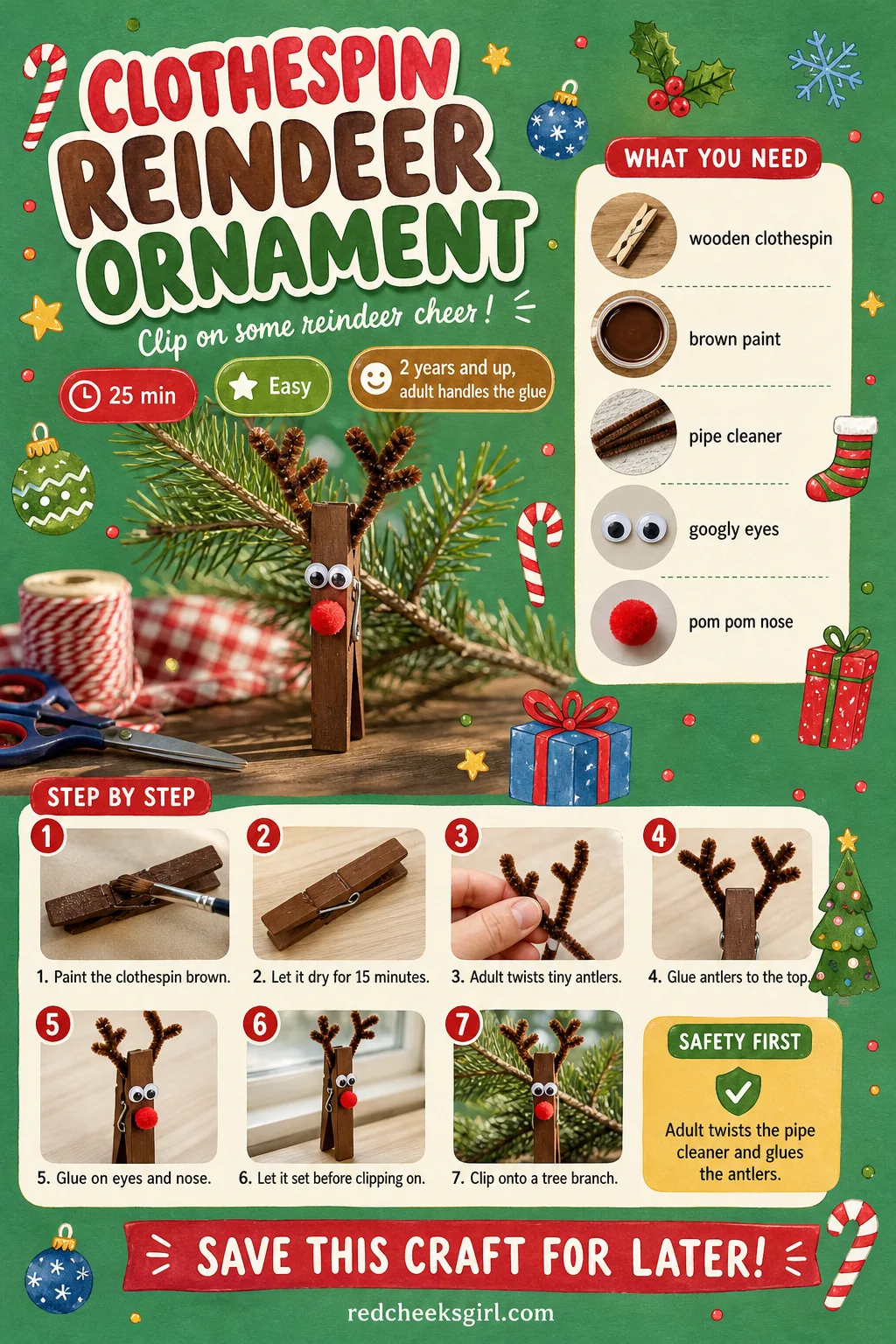 Clothespin Reindeer Ornament Craft Card printable sheet. Christmas crafts for toddlers