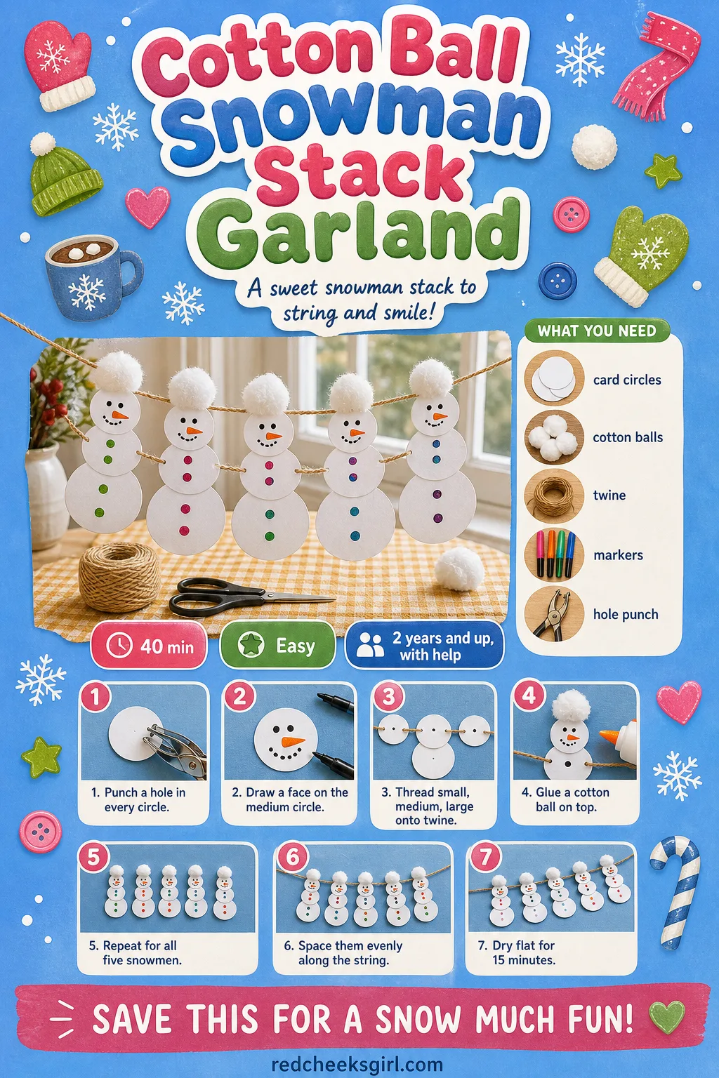 Cotton Ball Snowman Stack Garland Craft Card printable sheet. Christmas crafts for toddlers