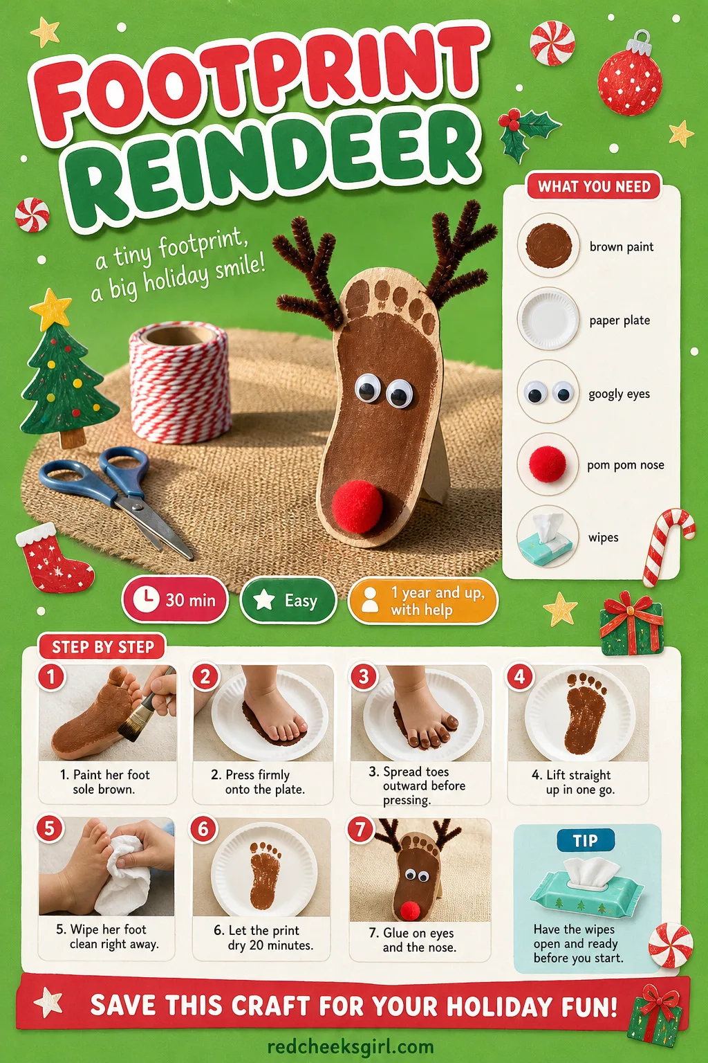 Footprint Reindeer Craft Card printable sheet. Christmas crafts for toddlers