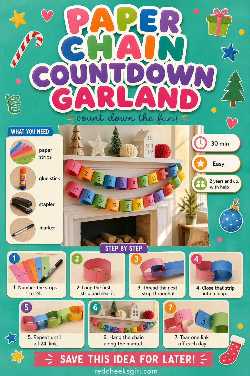 Paper Chain Countdown Garland Craft Card printable sheet. Christmas crafts for toddlers