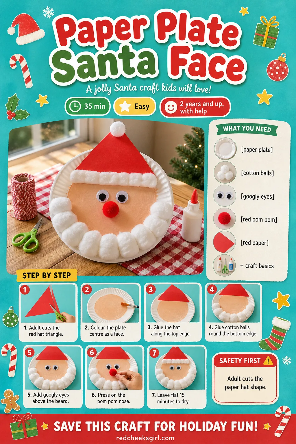 Paper Plate Santa Face Craft Card printable sheet. Christmas crafts for toddlers