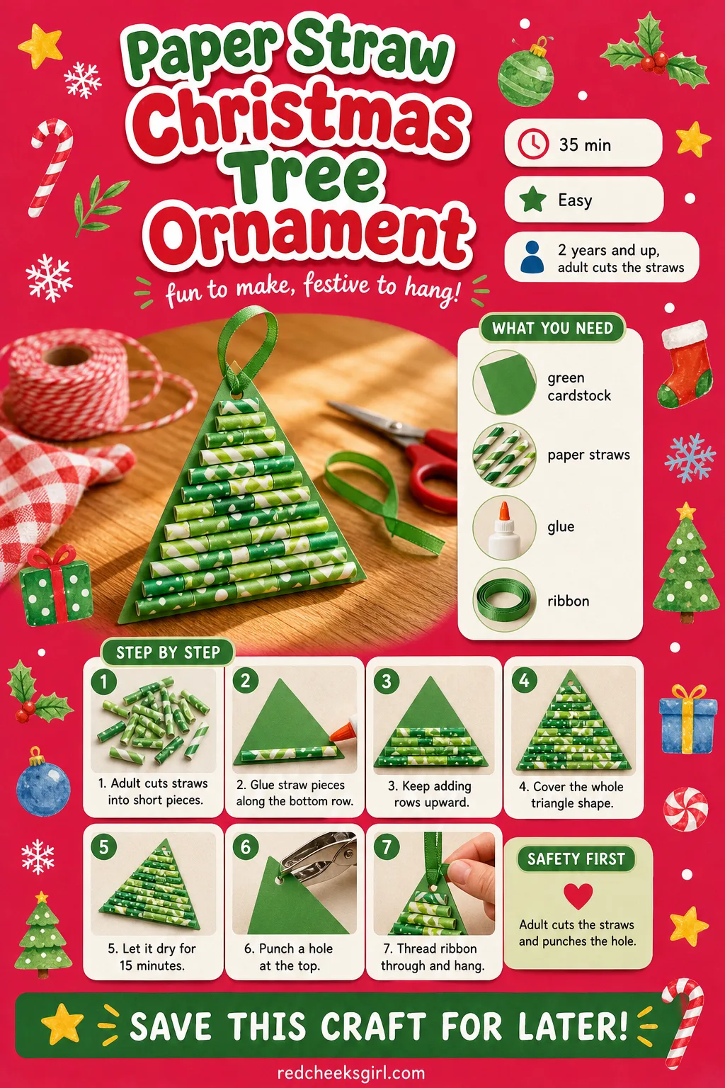 Paper Straw Christmas Tree Ornament Craft Card printable sheet. Christmas crafts for toddlers