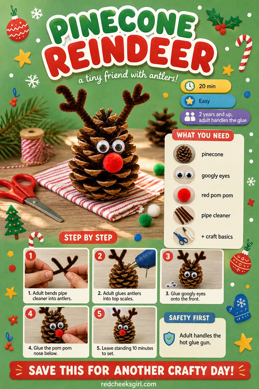 Pinecone Reindeer Craft Card printable sheet. Christmas crafts for toddlers