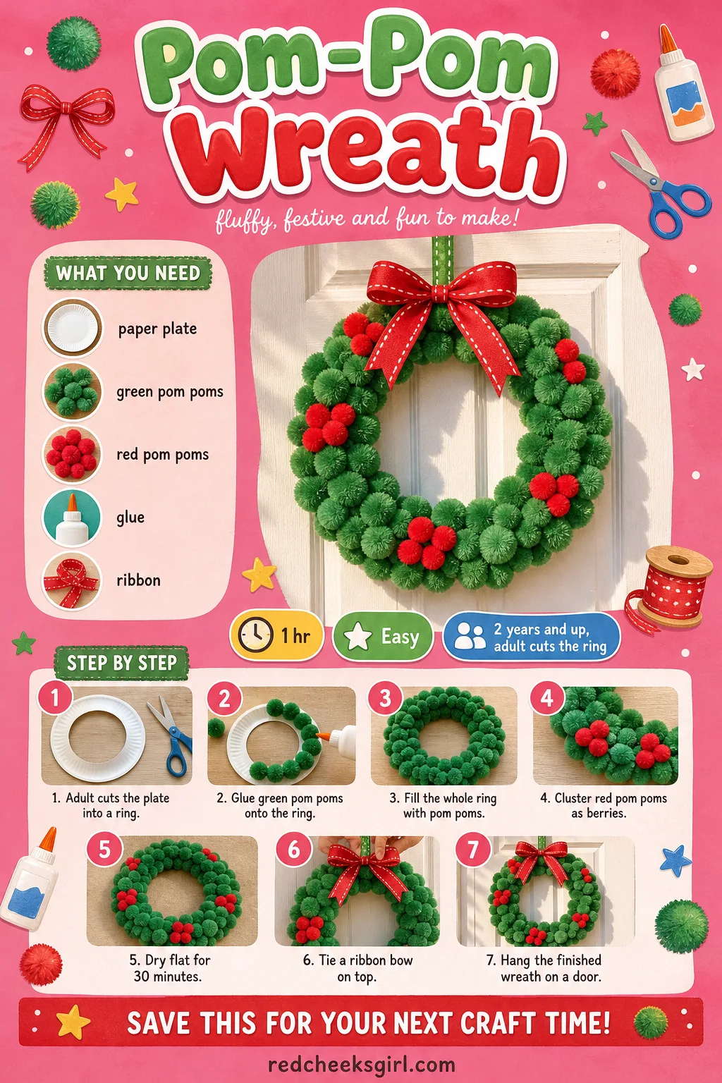 Pom-Pom Wreath Craft Card printable sheet. Christmas crafts for toddlers