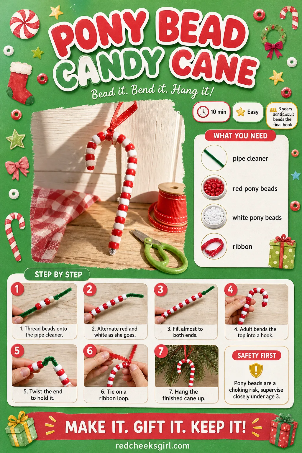 Pony Bead Candy Cane Craft Card printable sheet. Christmas crafts for toddlers