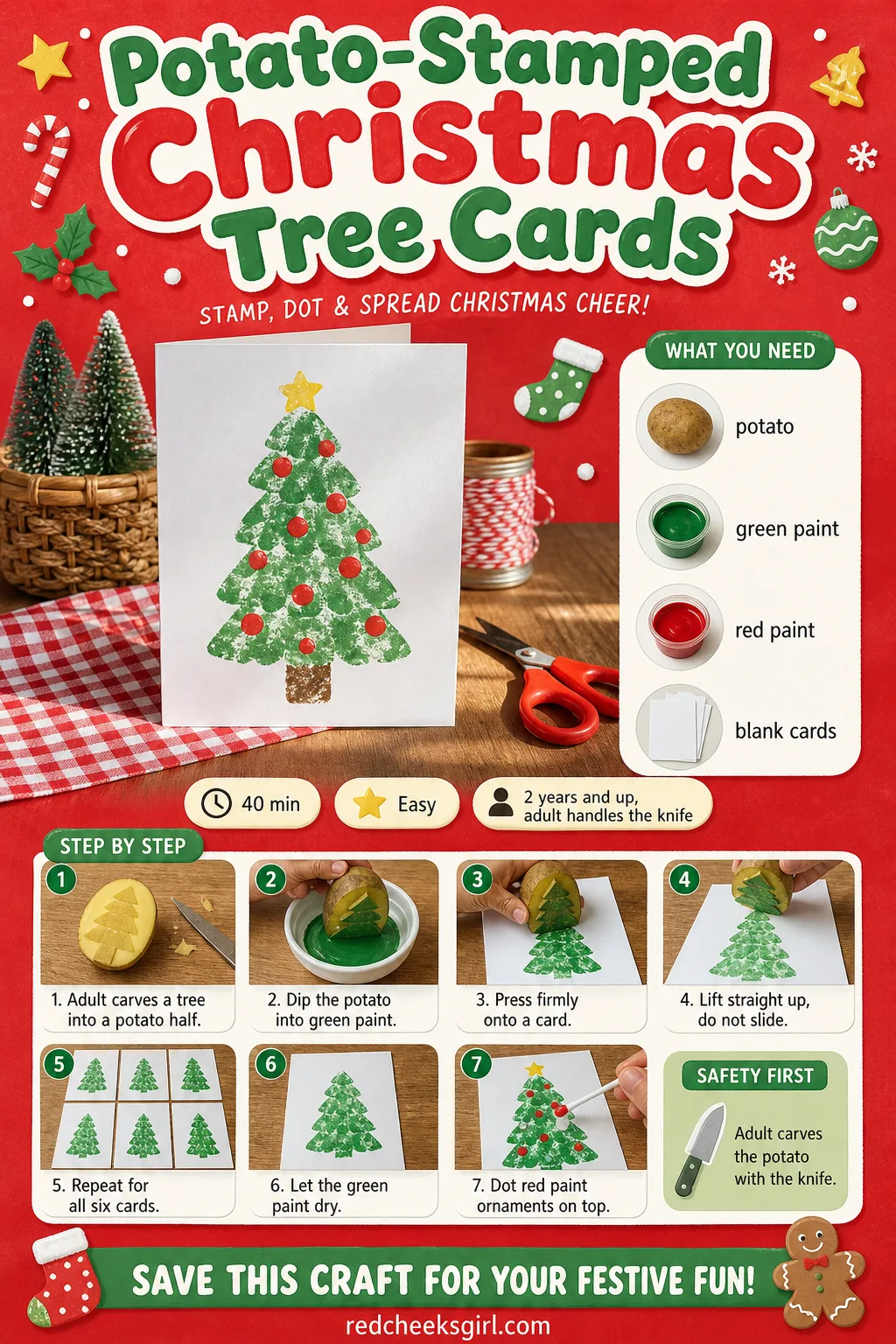 Potato-Stamped Christmas Tree Cards Craft Card printable sheet. Christmas crafts for toddlers