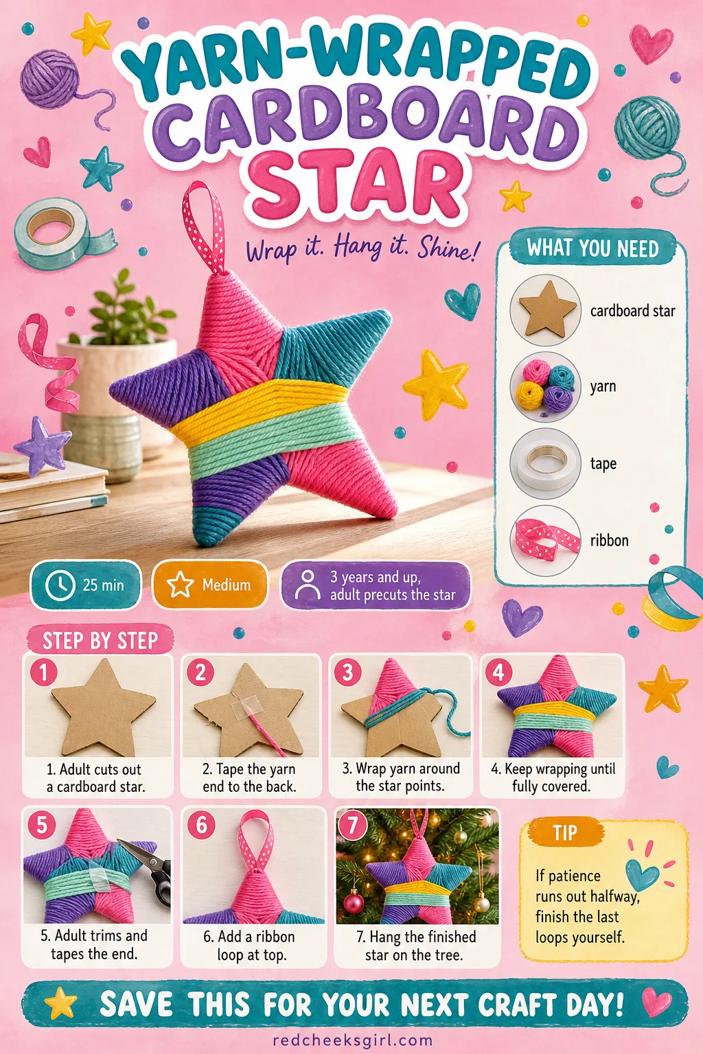 Yarn-Wrapped Cardboard Star Craft Card printable sheet. Christmas crafts for toddlers