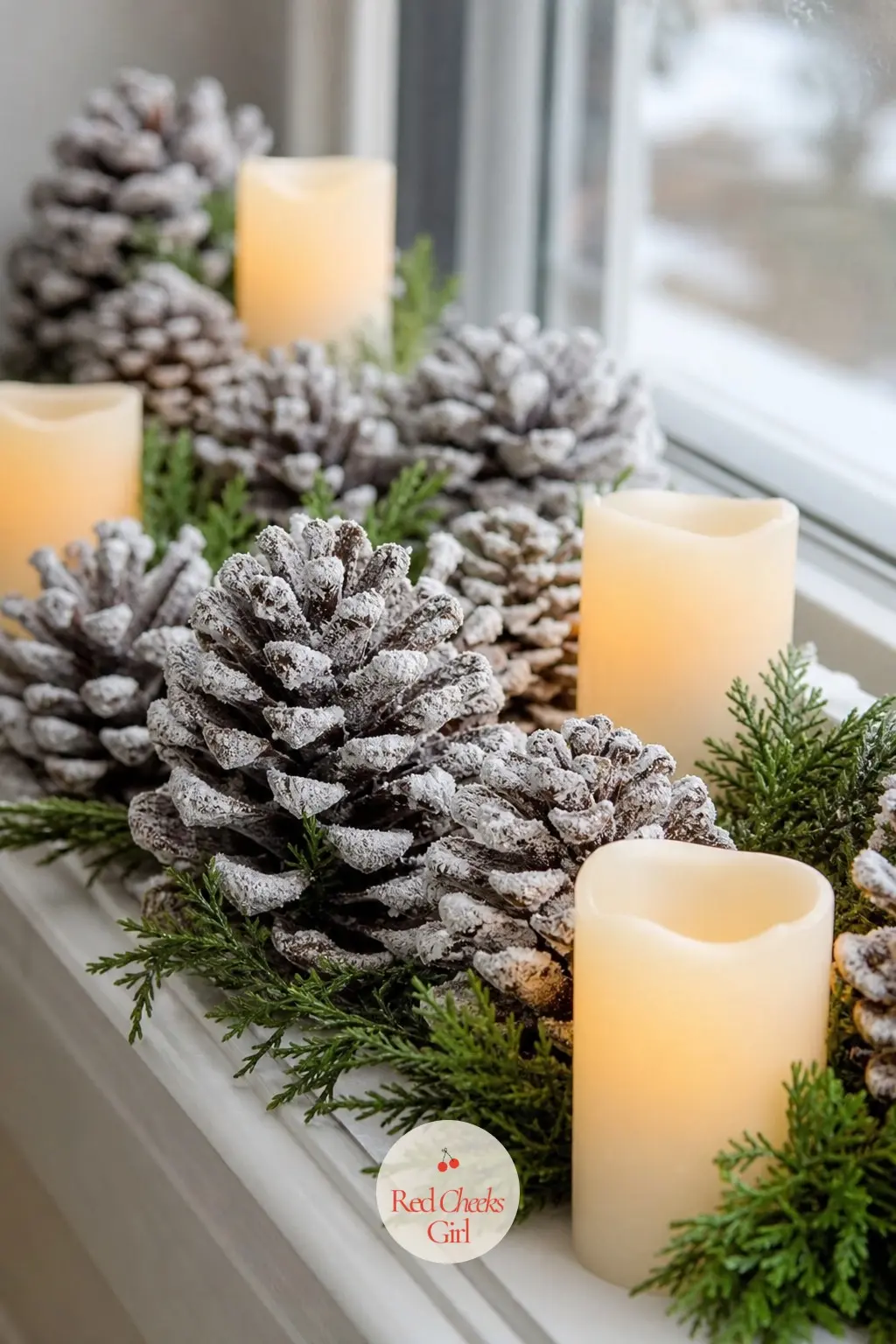 Candlelit Windowsills Lined with Frosted Pinecones — Battery candles along every windowsill facing the street, with frosted white pinecones tucked between