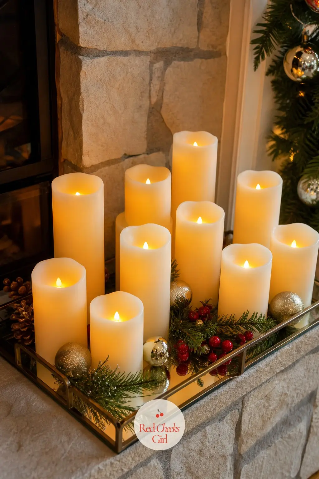A Cluster of Flameless Candles Grouped on a Hearth Tray — A mirrored tray holding a dozen flameless candles at mismatched heights, set directly on the hearth