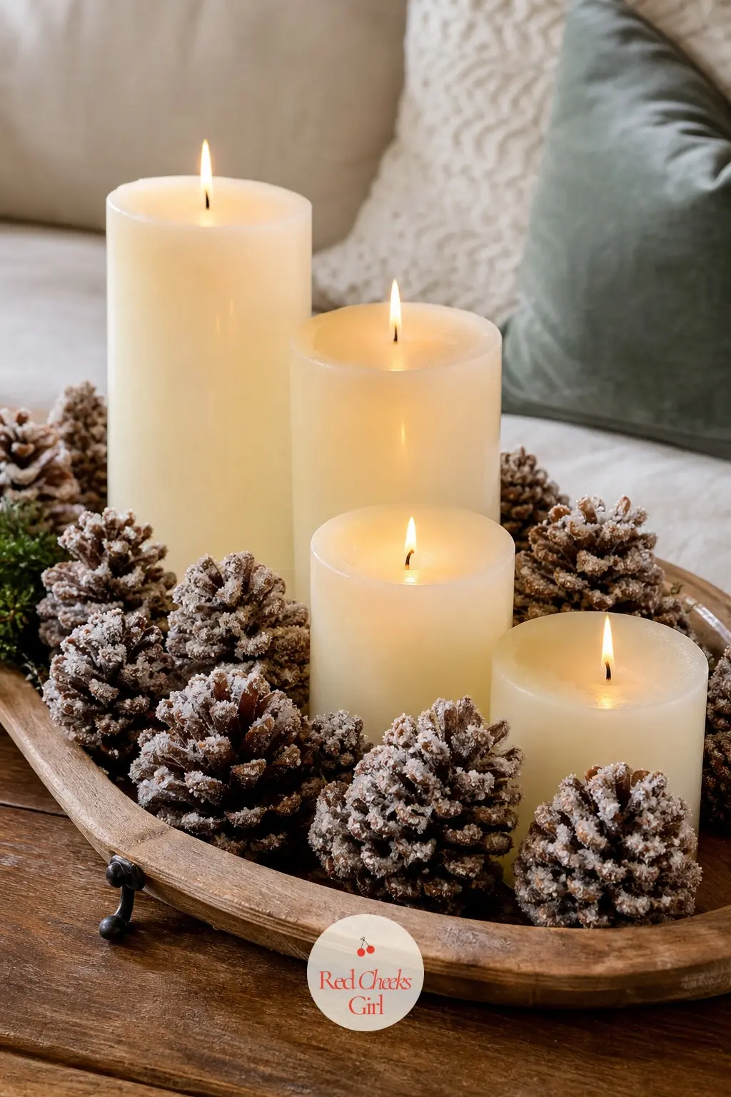 A Coffee Table Tray Styled with Pillar Candles and Sugared Pinecones — A wooden tray contains the whole arrangement and makes it liftable in one go when the