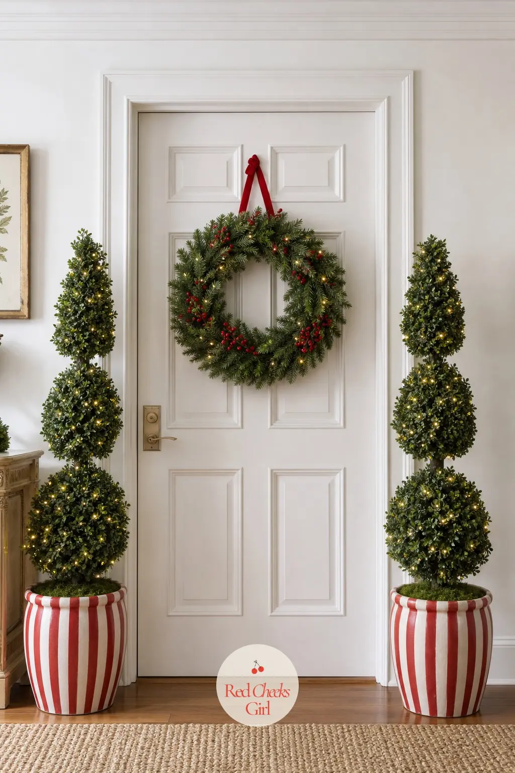 A Door Flanked by Topiary Trees in Striped Pots — Two faux topiary trees in matching striped red and white pots, set on either side of the living room's main