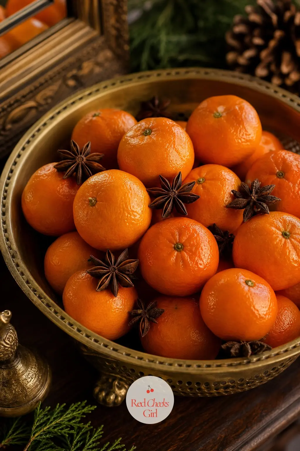 An Entry Table Dressed with a Brass Bowl of Clementines and Star Anise — Just inside the living room, a brass bowl heaped with clementines and whole star anise