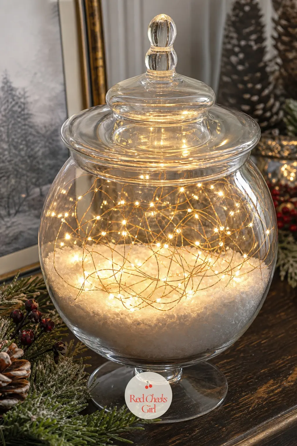 Fairy Lights Strung Inside a Glass Apothecary Jar — A large glass apothecary jar filled loosely with warm white fairy lights and a handful of faux snow makes a