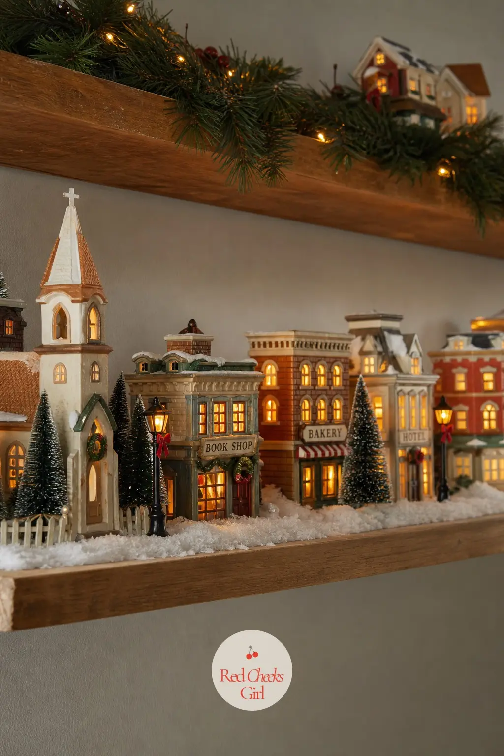 Floating Shelves Turned Into a Tiny Christmas Village Street — A row of lit ceramic buildings along one floating shelf, each window glowing amber, with a thin