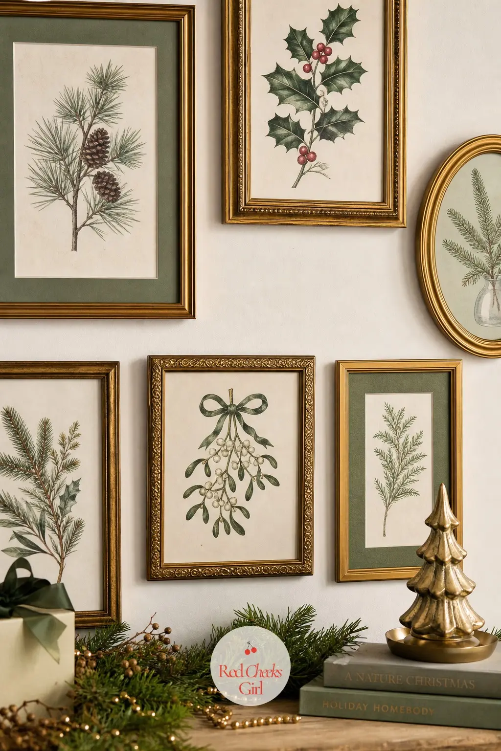 A Gallery Wall of Mismatched Framed Winter Botanical Prints — Frame a handful of winter botanical prints, pine branches, holly, mistletoe, in mismatched gold
