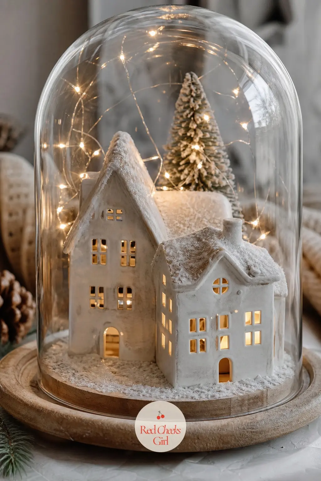 A Glass Cloche Housing a Snow-Dusted Ceramic Village — A single glass cloche over two or three small ceramic houses, with a dusting of faux snow and a thread