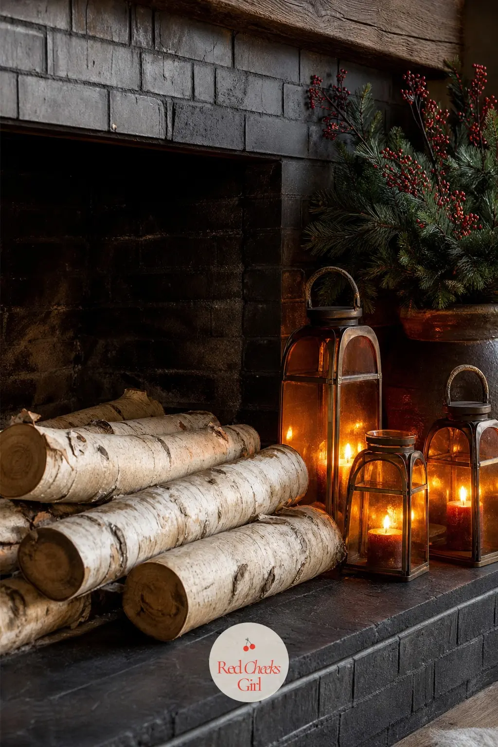 A Hearth Lined with Stacked Firewood and Amber Lanterns — If the fireplace itself is not lit, the hearth floor is still prime decorating space. Christmas decor