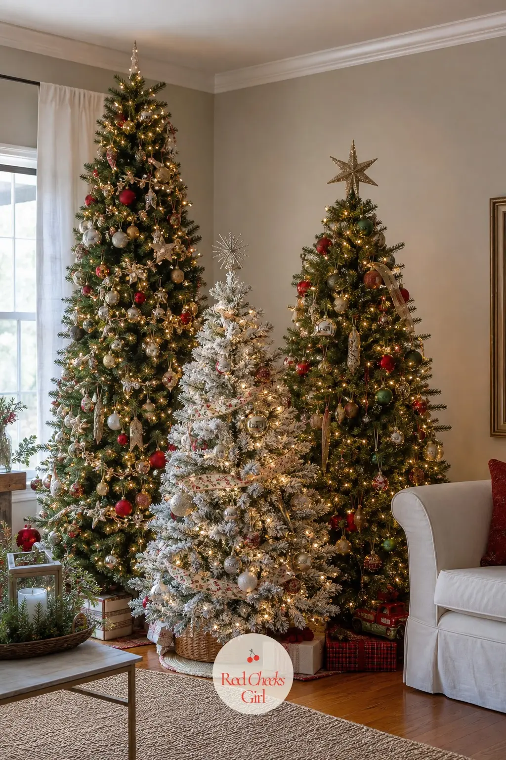 A Living Room Corner Turned Into a Mini Forest of Three Different Height Trees — Instead of one tall tree, group three smaller ones at staggered heights: a
