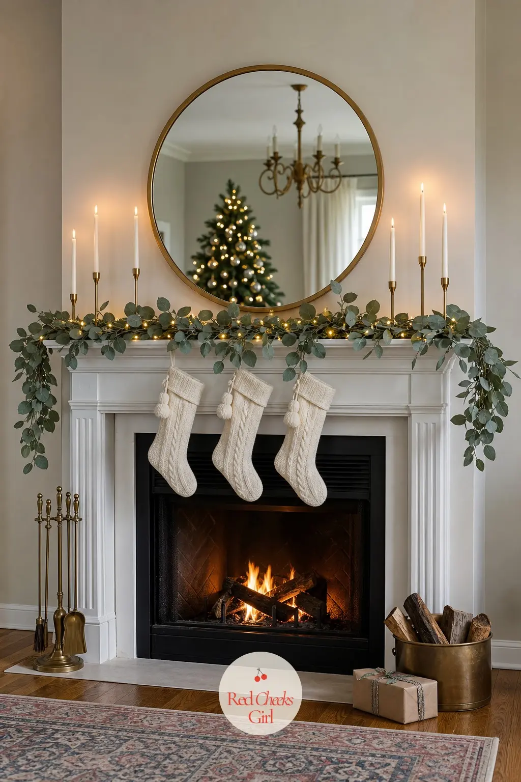 A Mirror Over the Mantel Doubling the Candlelight — A round gold mirror hung above the mantel bounces every bit of candlelight back into the room, which