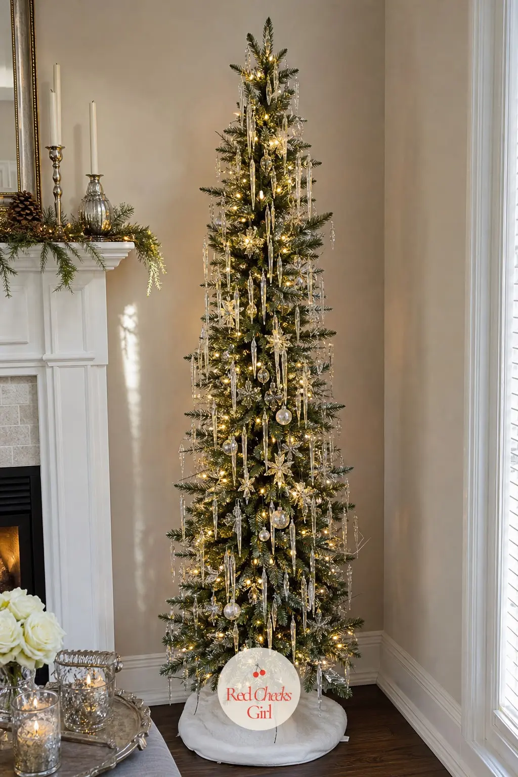 A Slim Tree Dressed Only in Glass Icicles for a Narrow Corner — A pencil-thin tree in a tight corner does not need a full decoration kit. Christmas decor ideas