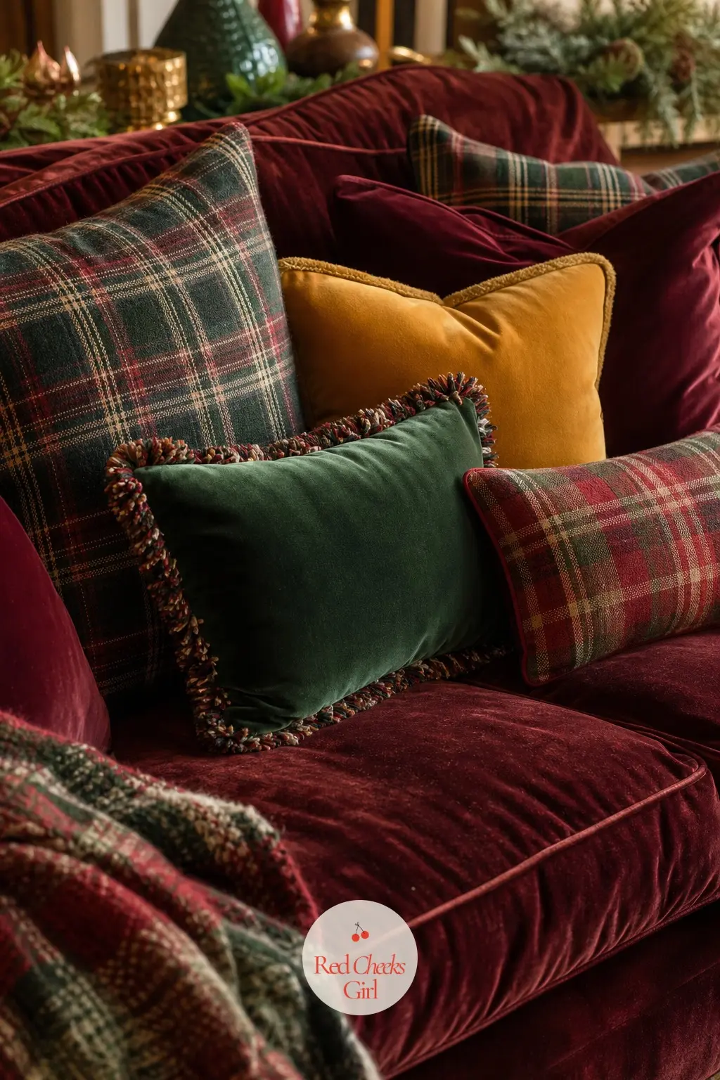 A Sofa Layered in Plaid and Velvet Cushions in One Palette — Mix plaid and velvet cushion covers in one tight palette, burgundy, forest and mustard, rather