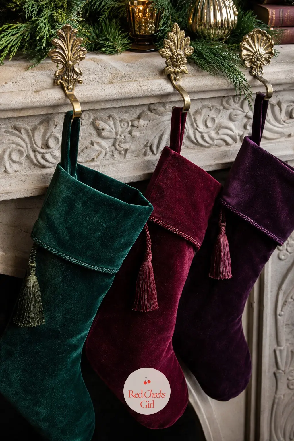 Stockings in Mismatched Velvet Hung from Carved Hooks — Skip the matching set. Christmas decor ideas for living room