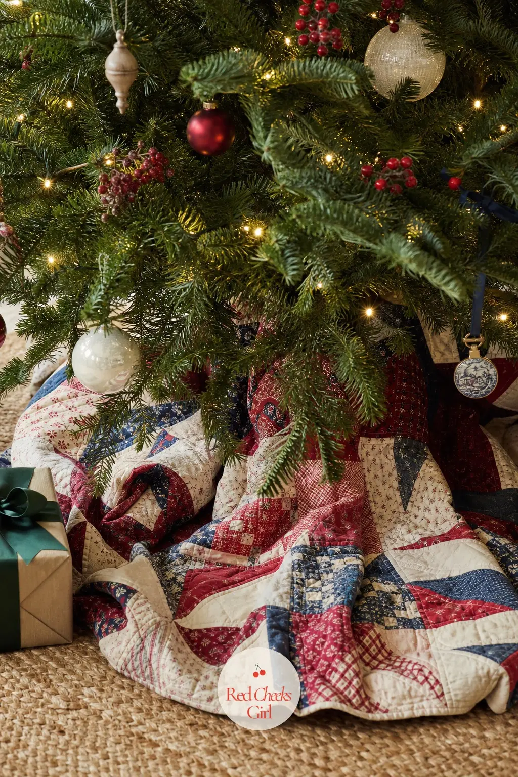 A Tree Skirt Swapped for a Vintage Quilt Pooled at the Base — A patchwork quilt in cranberry, cream and faded indigo, pooled loosely around the tree base