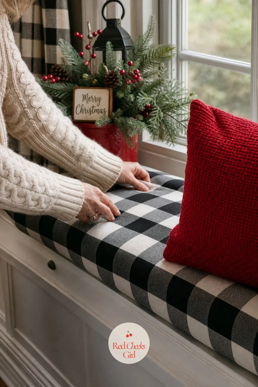 A Window Bench Cushioned in Buffalo Check for Guests to Perch — A plain window bench gets a new life with a black and white buffalo check cushion and a single
