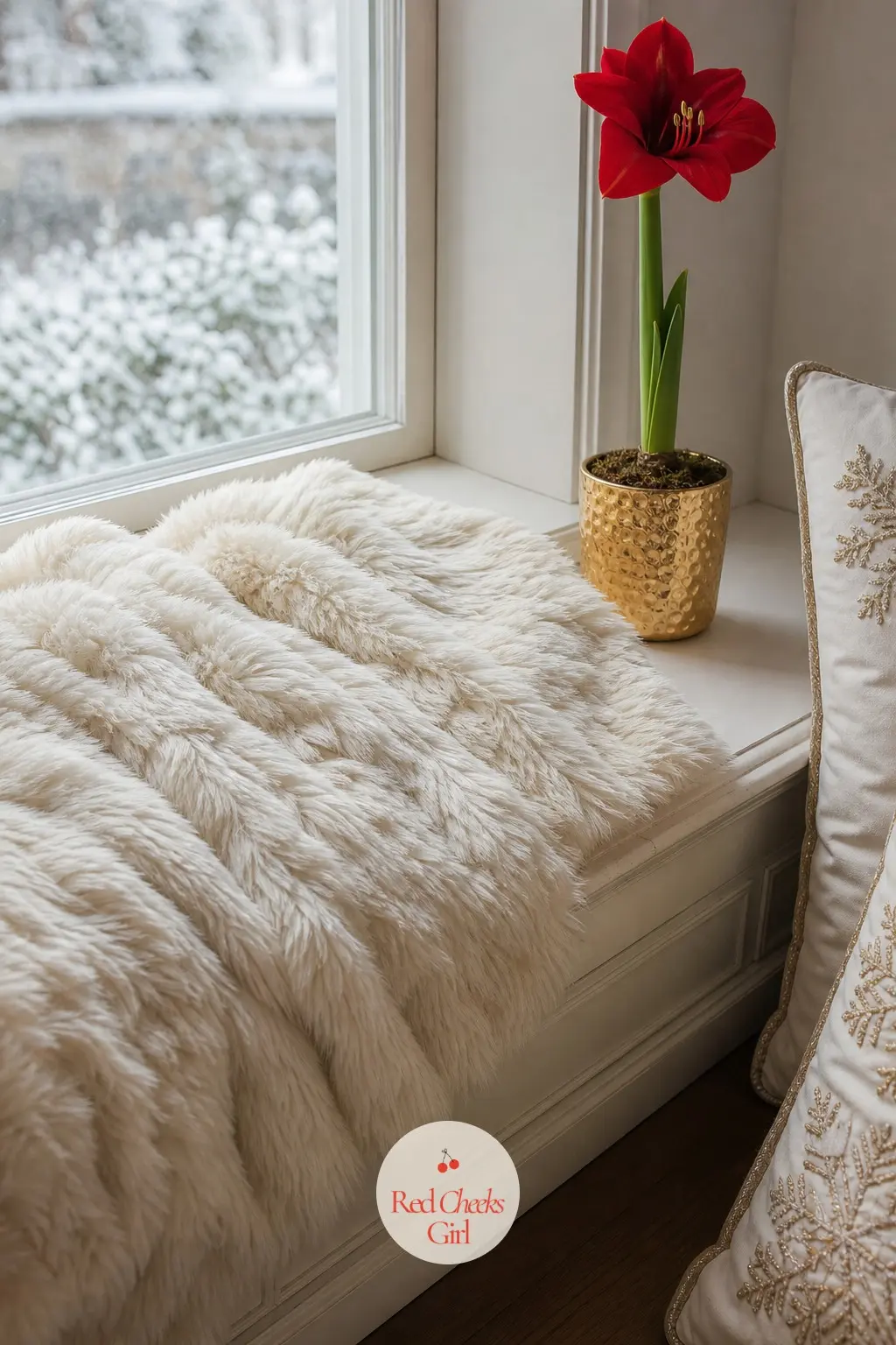 A Window Seat Styled with Faux Fur Throws and a Single Amaryllis — A cream faux fur throw folded along a window seat, with one scarlet amaryllis in a gold pot