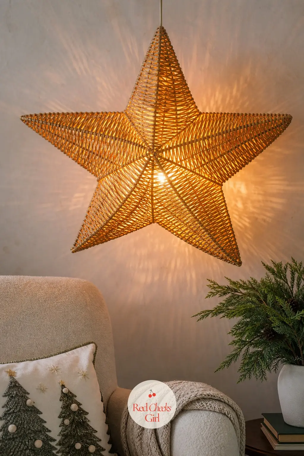 A Woven Star Lantern Hung Above the Reading Corner — A rattan star lantern hung from a ceiling hook above a reading chair gives a soft amber glow without