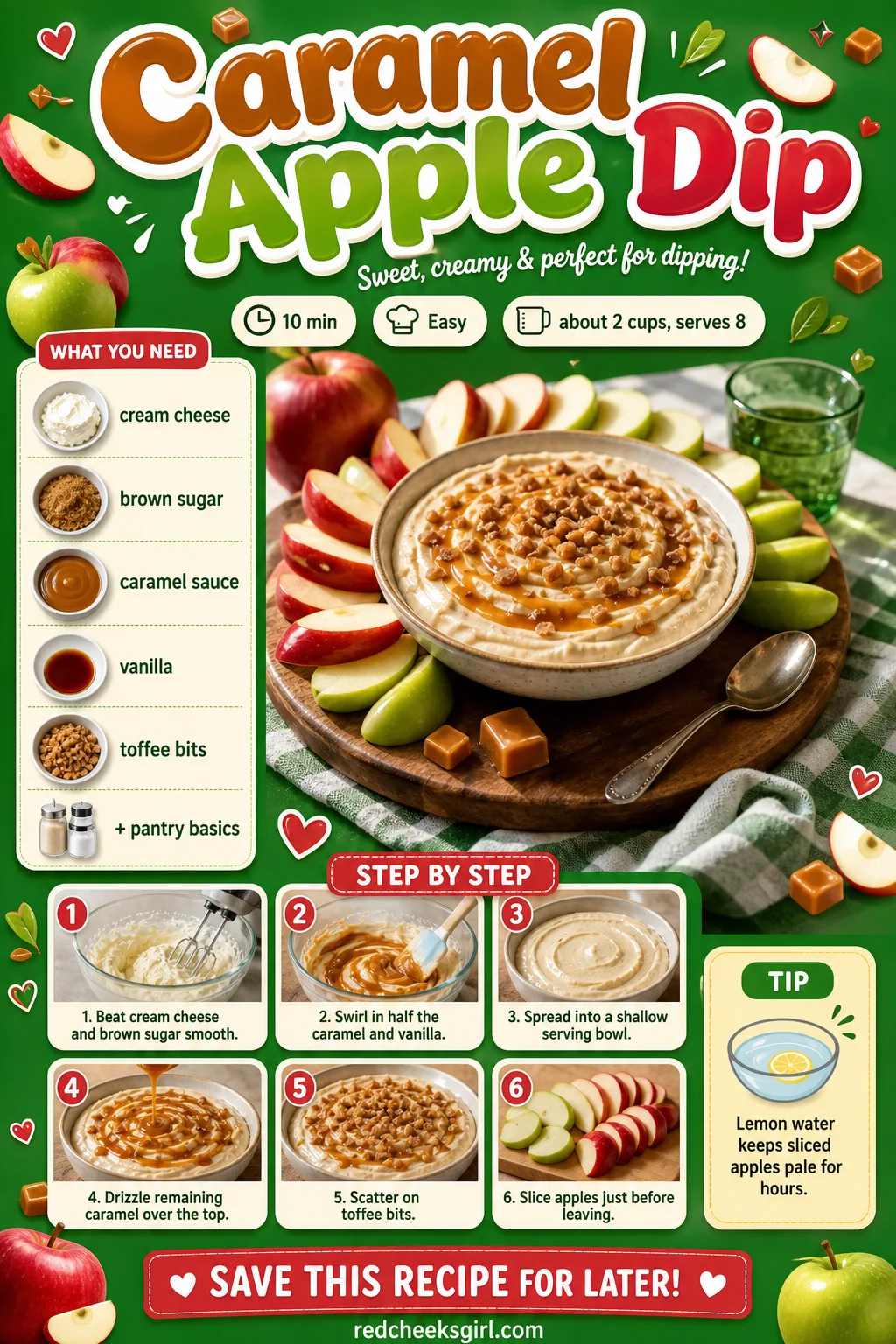 Caramel Apple Dip Recipe Card printable sheet — Prep time, ingredients and numbered steps for easy printing. Christmas party desserts
