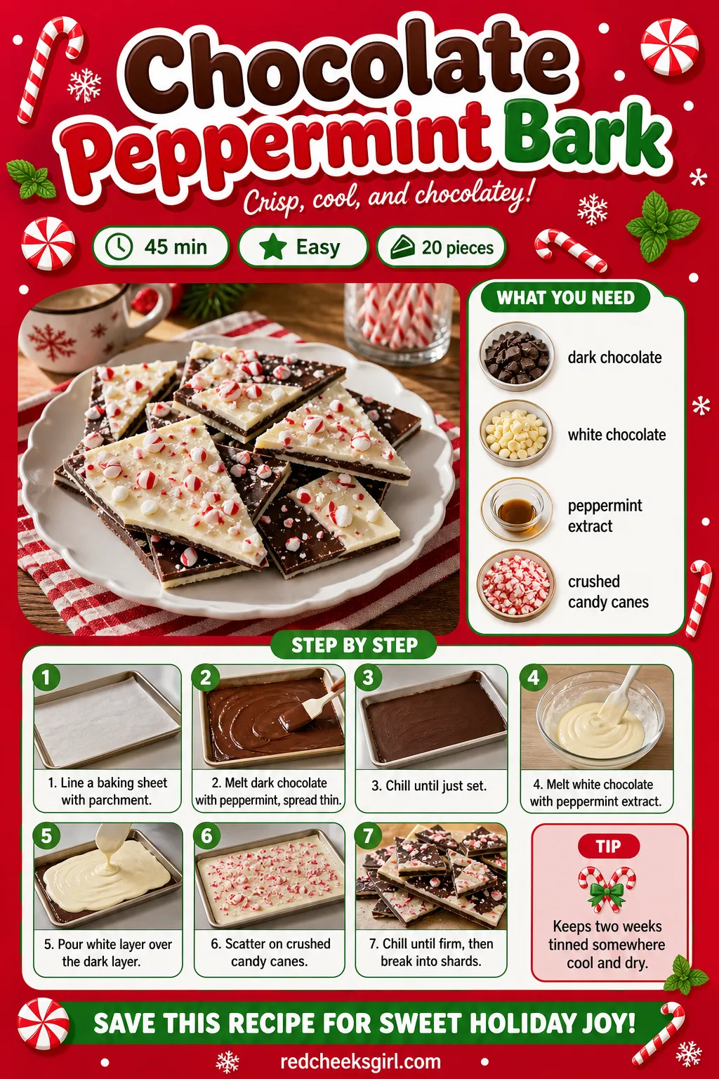 Chocolate Peppermint Bark Recipe Card printable sheet — Prep time, ingredients and numbered steps for easy printing. Christmas party desserts
